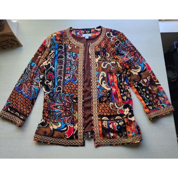 TOP-JACKET-JOAN RIVERS-Brown-Blue-Red-3/4 Length Sleeves-Size X-SMALL - Picture 10 of 16